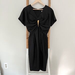 [vintage] 100% silk shell draped v neck short sleeve knee length dress black 0
